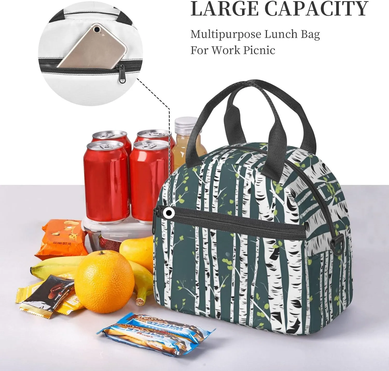 Beauty Birch Tree Insulated Lunch Bag Lunch Box For Women Men Reusable Tote For Office Gym Outings
