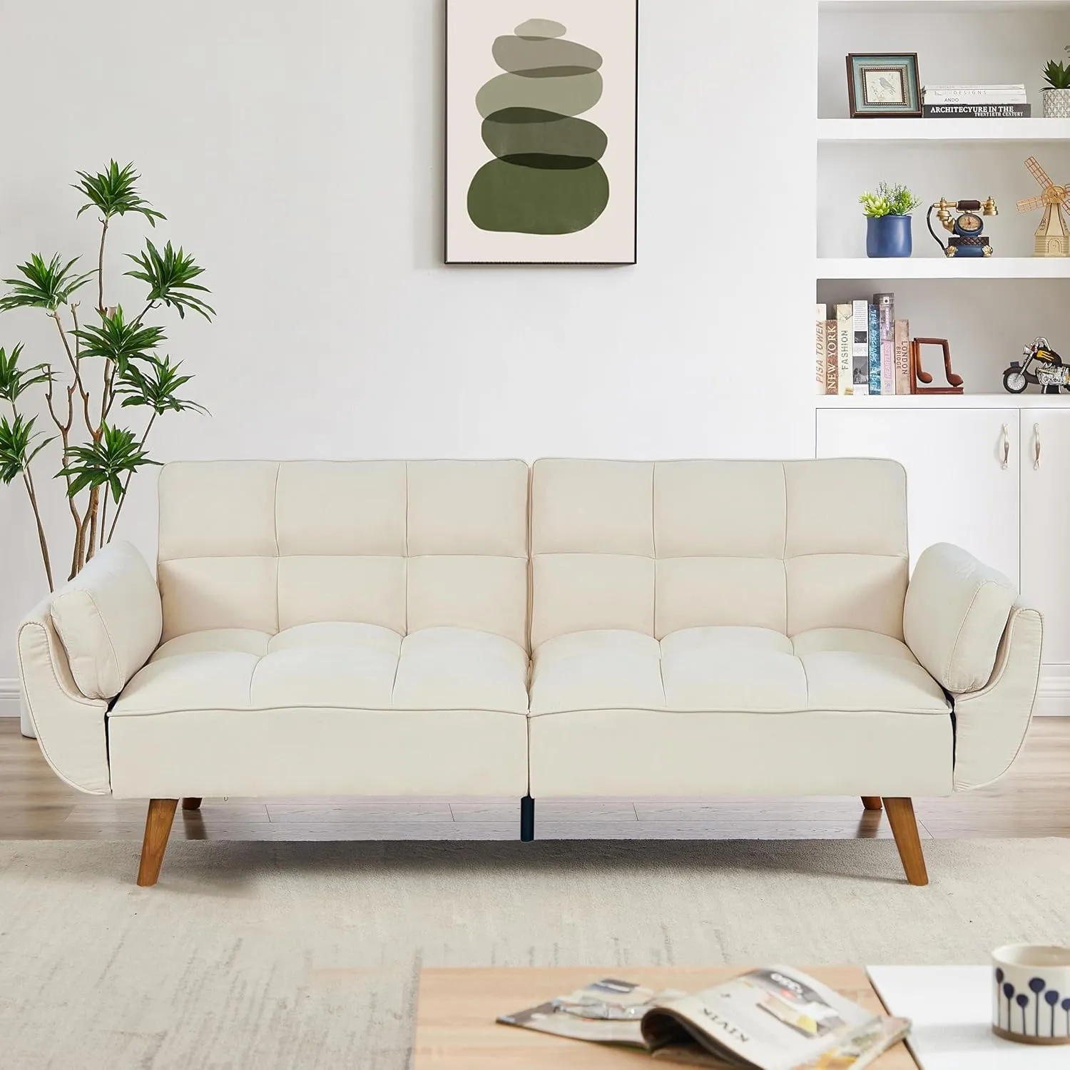 Betoko Convertible Futon Sofa Bed Sleeper Twin Size, Modern Reclining Linen Split Back Sofa Couch with Pillow Top Arm for Compact Living Room,Apartment (Beige)
