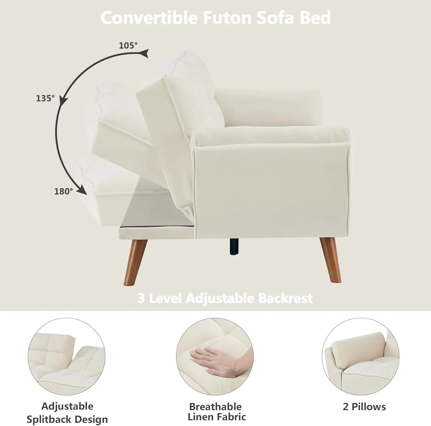 Betoko Convertible Futon Sofa Bed Sleeper Twin Size, Modern Reclining Linen Split Back Sofa Couch with Pillow Top Arm for Compact Living Room,Apartment (Beige)