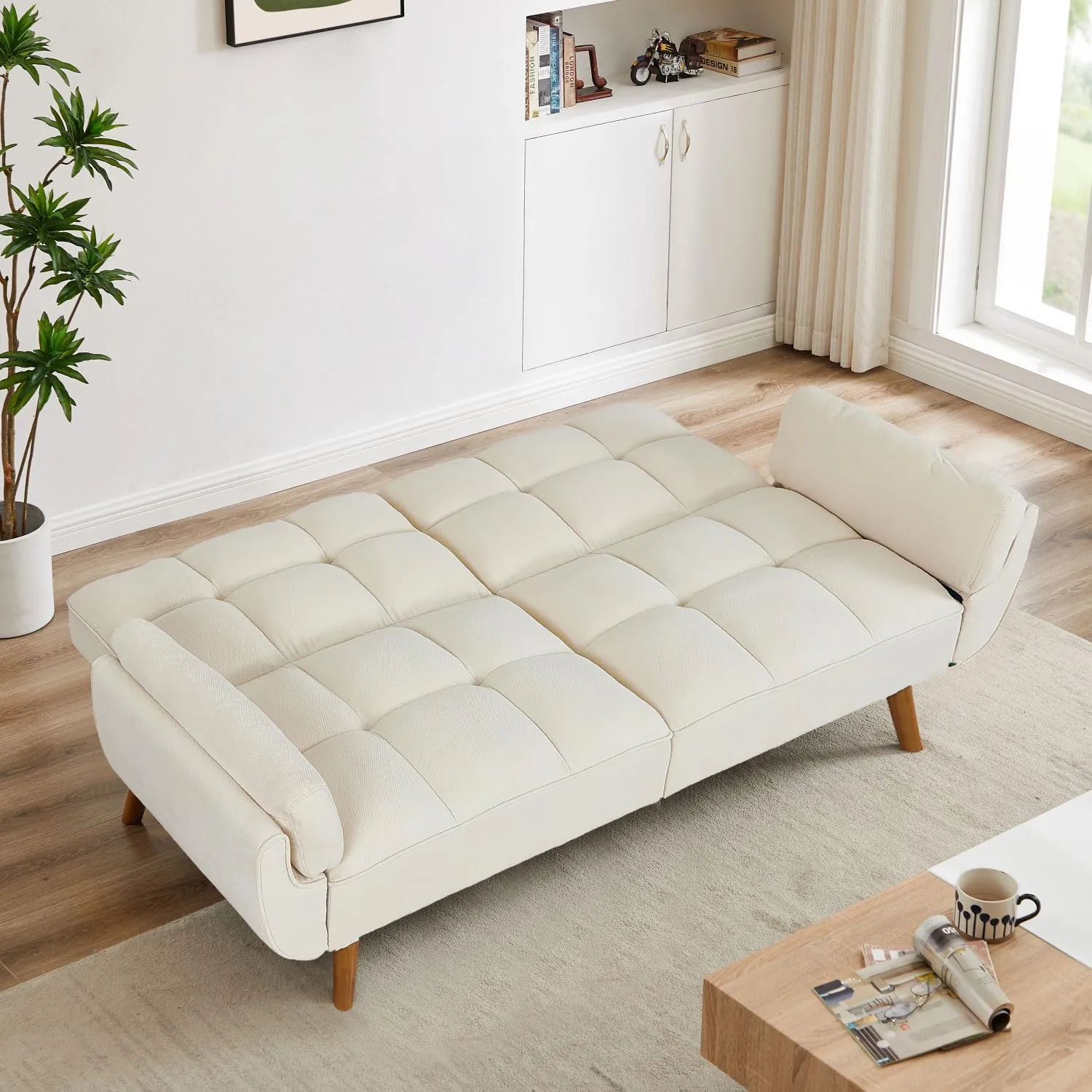 Betoko Convertible Futon Sofa Bed Sleeper Twin Size, Modern Reclining Linen Split Back Sofa Couch with Pillow Top Arm for Compact Living Room,Apartment (Beige)