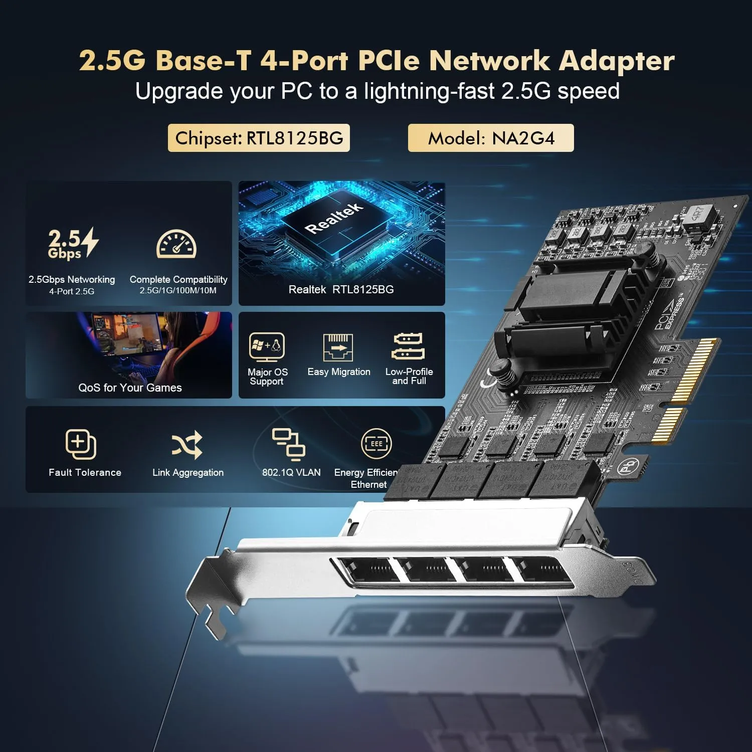 Binardat 4 Ports 2.5G PCIe Network Adapter, RTL8125B LAN Controller, 2500/1000/100Mbps RJ45 Ethernet NIC Card, Support PXE for Windows/Linux