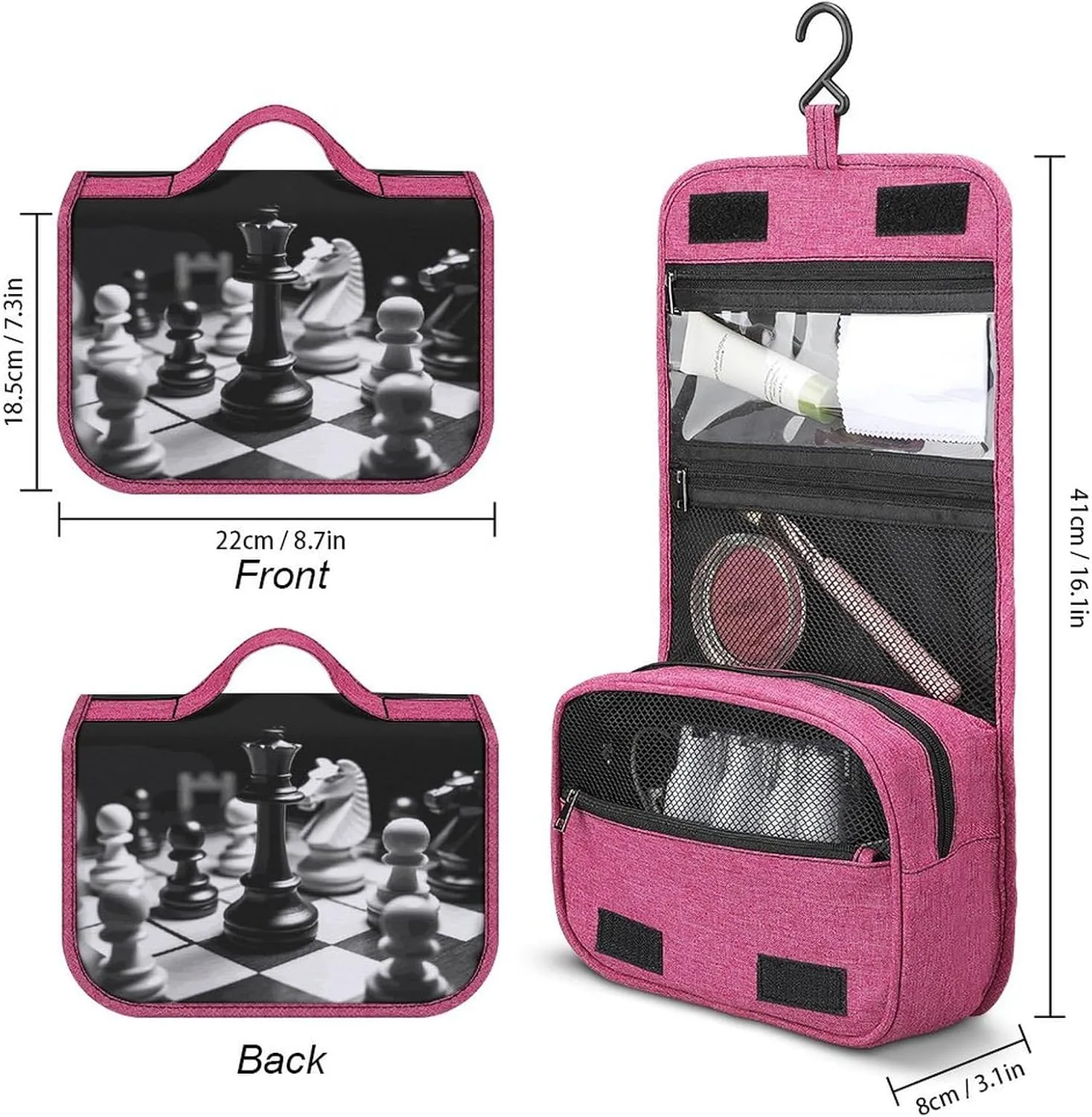 Black And White Chess Travel Toiletry Bag for Women,Hanging Toiletry Organizer with Hook, Makeup Bag Travel Organizer for Shampoo,Toiletriesl