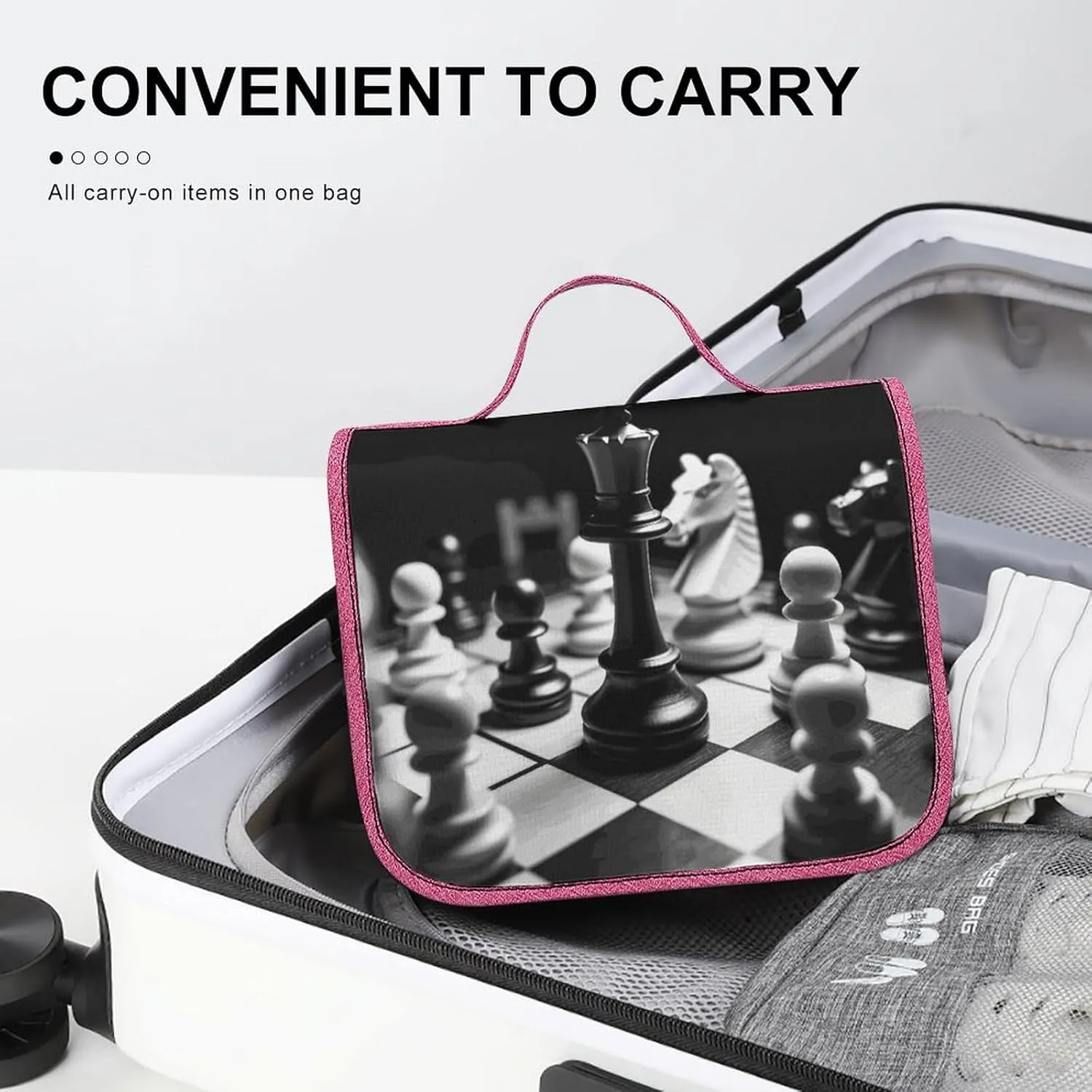 Black And White Chess Travel Toiletry Bag for Women,Hanging Toiletry Organizer with Hook, Makeup Bag Travel Organizer for Shampoo,Toiletriesl