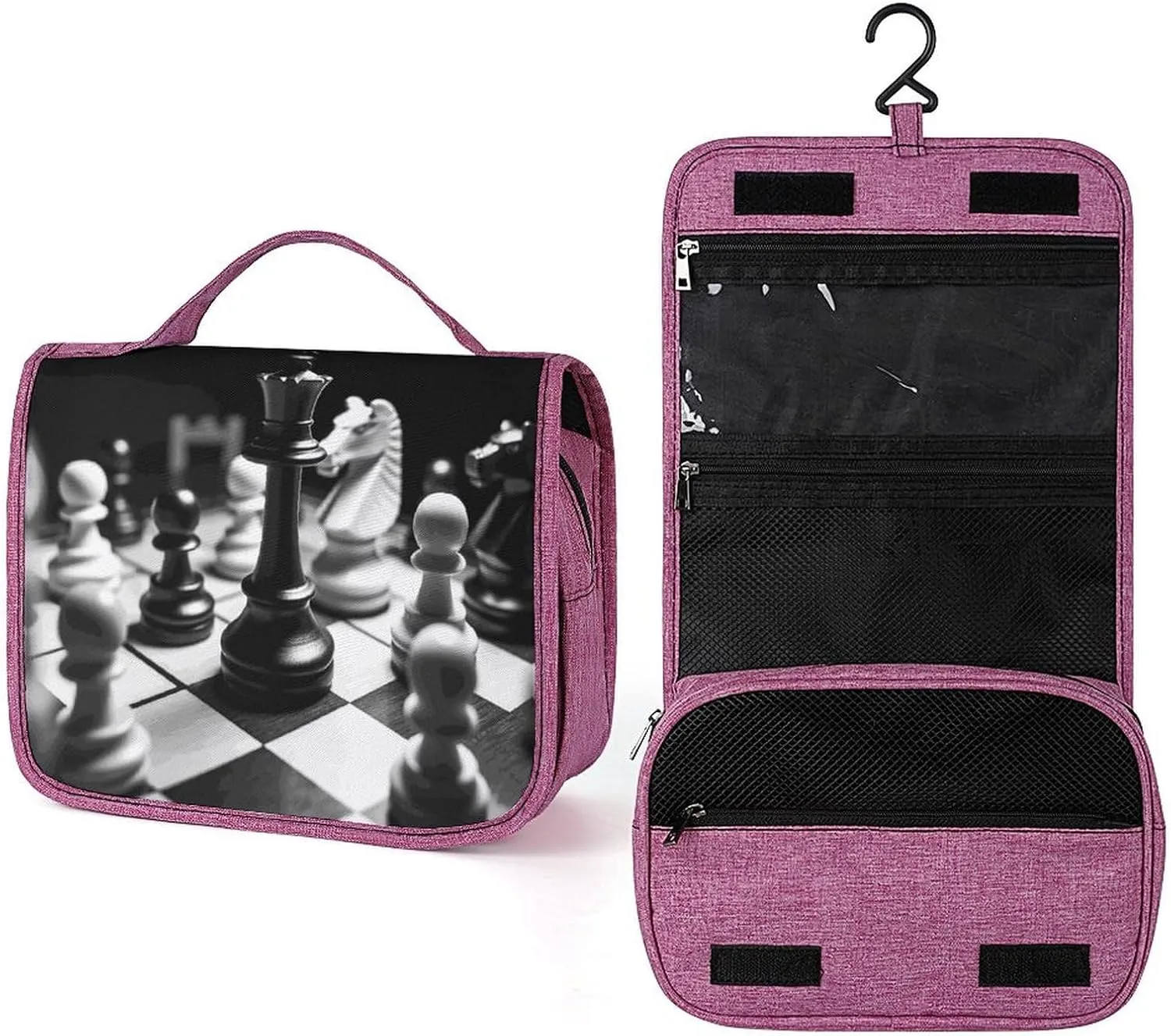 Black And White Chess Travel Toiletry Bag for Women,Hanging Toiletry Organizer with Hook, Makeup Bag Travel Organizer for Shampoo,Toiletriesl