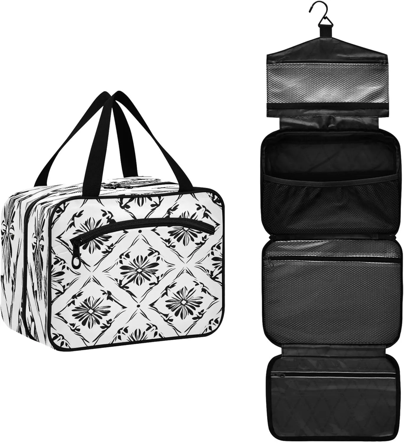 Black and White Symmetrical Flowers Travel Toiletry Bag for Women & men Hanging Portable Toiletry Bag Large Capacity Travel Bag for Hold Cosmetics Skin Care Products Toiletries Large