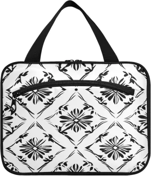 Black and White Symmetrical Flowers Travel Toiletry Bag for Women & men Hanging Portable Toiletry Bag Large Capacity Travel Bag for Hold Cosmetics Skin Care Products Toiletries Large