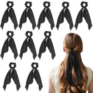Black Hair Ribbon for Women - 10 Pack Hair Scarf Scrunchies, Bow Hair Ties Elastic Ponytail Holders, Soft Hair Bow for Women, Gentle Hair Accessories for All Hair Types