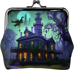 Black Haunted Mansion print Coin Purse with Kiss Lock Buckle Small Change Purse Card Holder Coin Pouch for Women