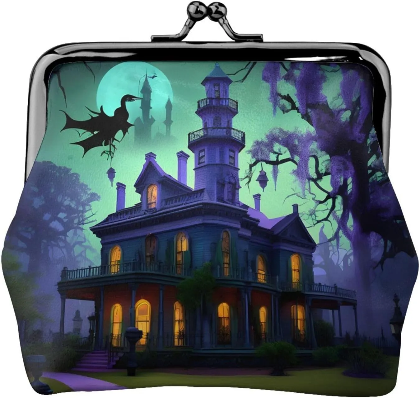 Black Haunted Mansion print Coin Purse with Kiss Lock Buckle Small Change Purse Card Holder Coin Pouch for Women