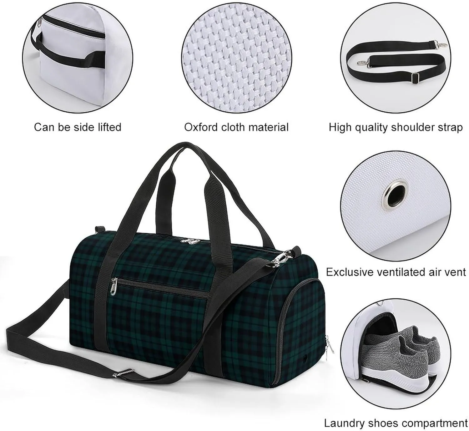 Black Watch Tartan Pattern Portable Large Capacity Fully Printed Fitness Bag Unisex
