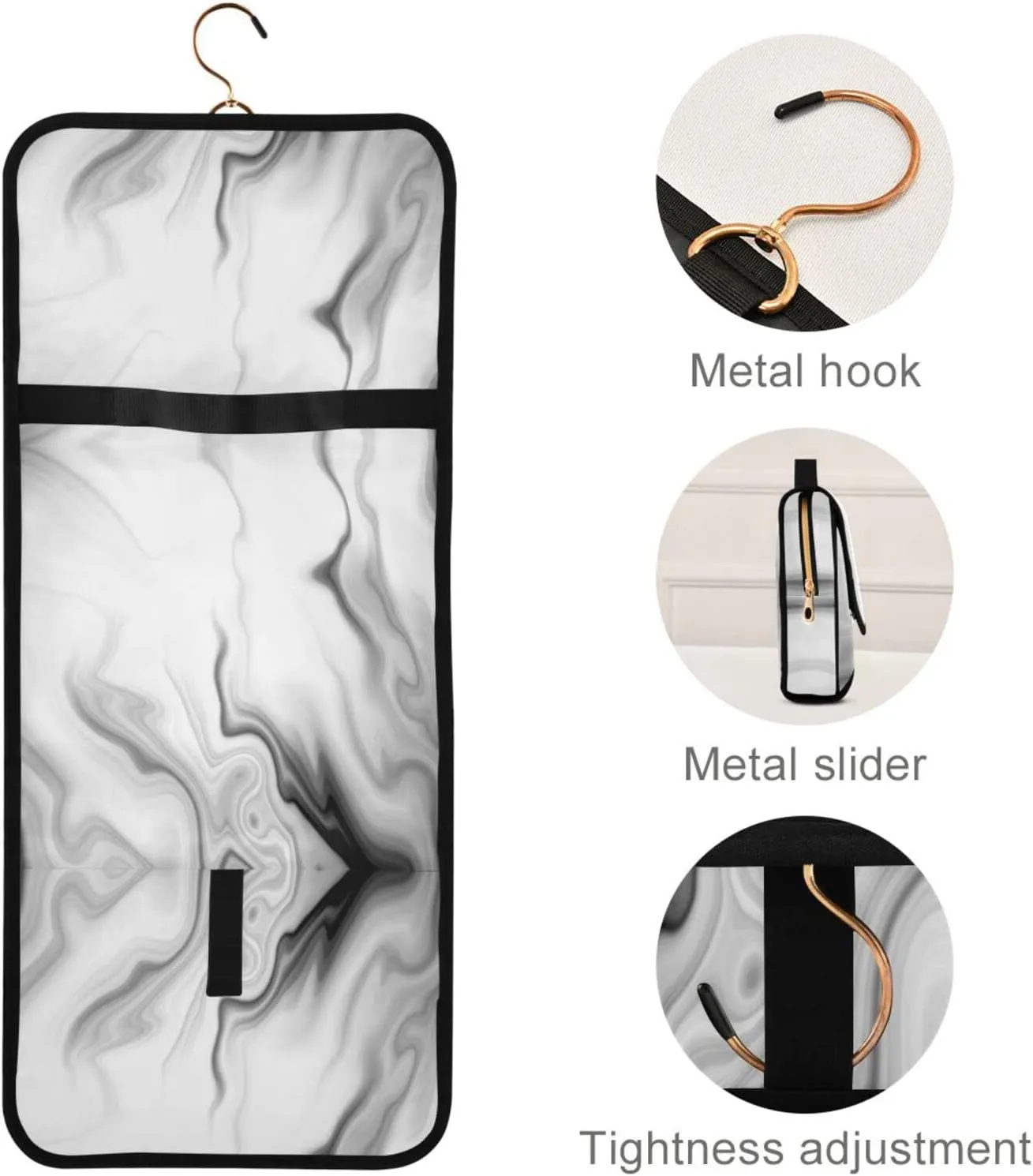 Black White Liquid Marble Agate Slab Paint Pastel Macro Wavy 3 PCs Set Toiletry bags, 1 Women's Travel Cosmetic Bag, 1 Hanging Toiletry Wash Bag, 1 Brush Case, Portable Makeup Storage Case