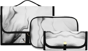 Black White Liquid Marble Agate Slab Paint Pastel Macro Wavy 3 PCs Set Toiletry bags, 1 Women's Travel Cosmetic Bag, 1 Hanging Toiletry Wash Bag, 1 Brush Case, Portable Makeup Storage Case