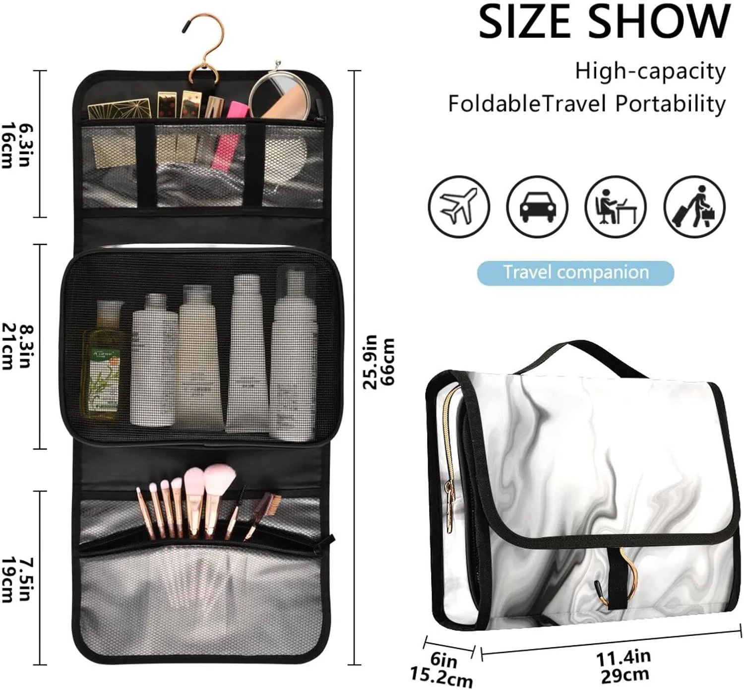 Black White Liquid Marble Agate Slab Paint Pastel Macro Wavy 3 PCs Set Toiletry bags, 1 Women's Travel Cosmetic Bag, 1 Hanging Toiletry Wash Bag, 1 Brush Case, Portable Makeup Storage Case