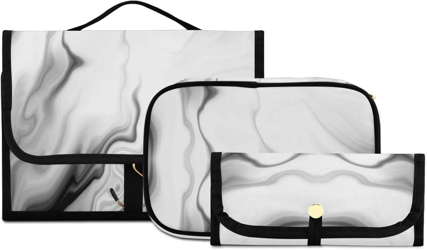 Black White Liquid Marble Agate Slab Paint Pastel Macro Wavy 3 PCs Set Toiletry bags, 1 Women's Travel Cosmetic Bag, 1 Hanging Toiletry Wash Bag, 1 Brush Case, Portable Makeup Storage Case