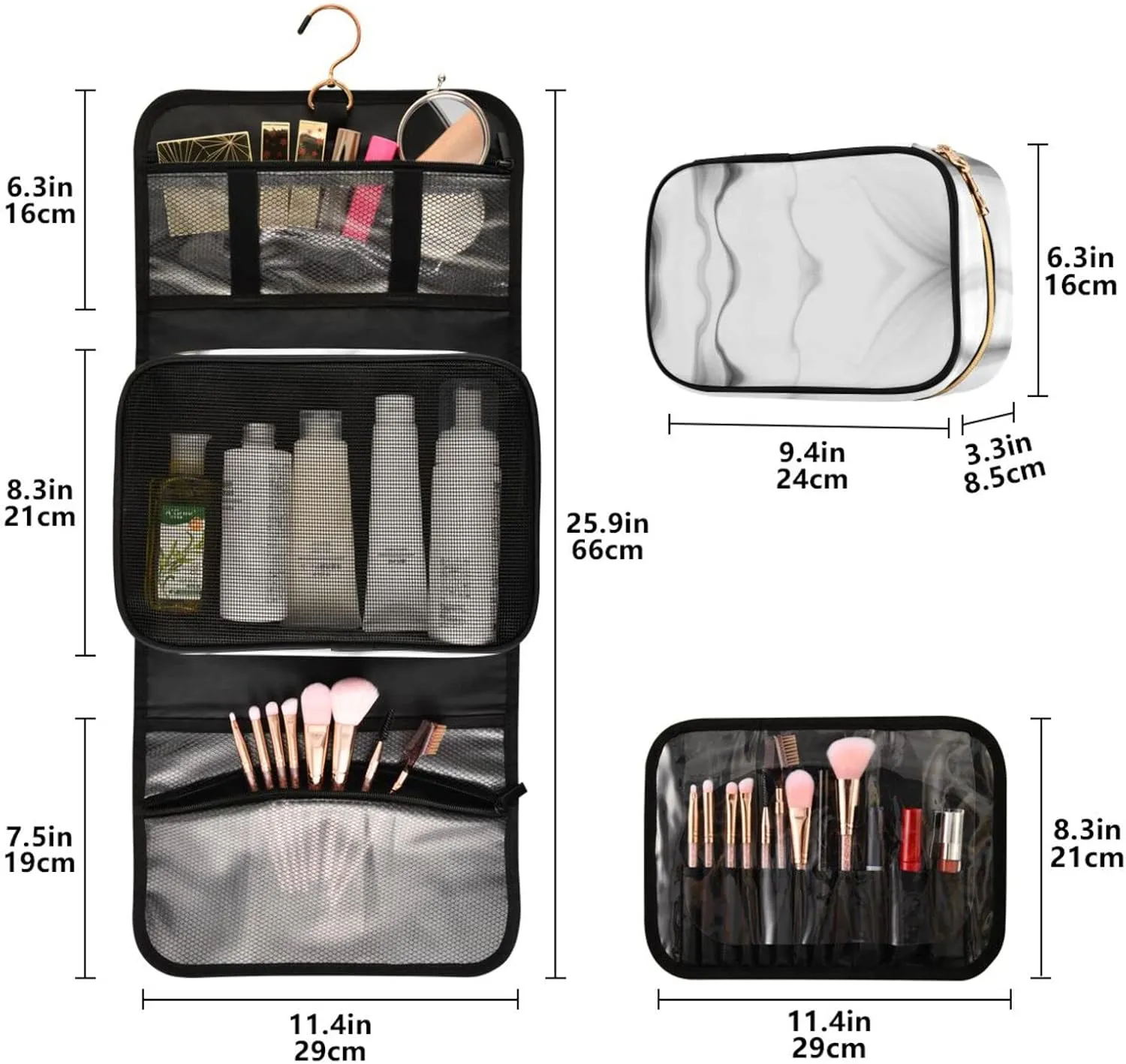 Black White Liquid Marble Agate Slab Paint Pastel Macro Wavy 3 PCs Set Toiletry bags, 1 Women's Travel Cosmetic Bag, 1 Hanging Toiletry Wash Bag, 1 Brush Case, Portable Makeup Storage Case