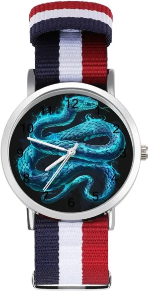 Blue Snake Splash Unisex Watch Lightweight Breathable Woven Nylon Wrist Strap Watch with Metal Buckle