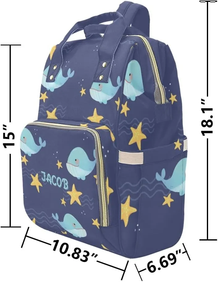 Blue Whale and Night Stars Personalized Diaper Bag Backpack,Custom Name Multi Function Diaper Backpack Baby Nappy Bag Mommy Bag Gift
