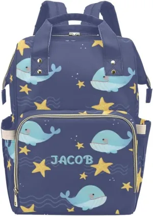 Blue Whale and Night Stars Personalized Diaper Bag Backpack,Custom Name Multi Function Diaper Backpack Baby Nappy Bag Mommy Bag Gift