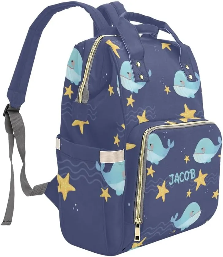 Blue Whale and Night Stars Personalized Diaper Bag Backpack,Custom Name Multi Function Diaper Backpack Baby Nappy Bag Mommy Bag Gift