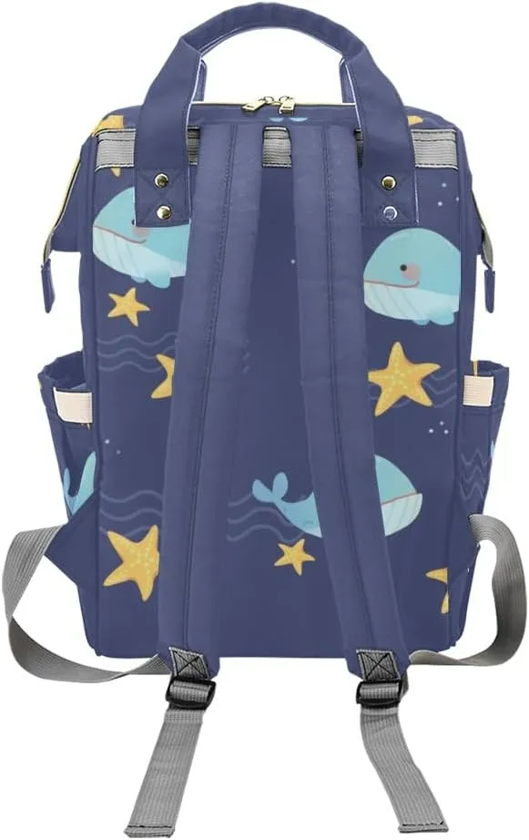 Blue Whale and Night Stars Personalized Diaper Bag Backpack,Custom Name Multi Function Diaper Backpack Baby Nappy Bag Mommy Bag Gift