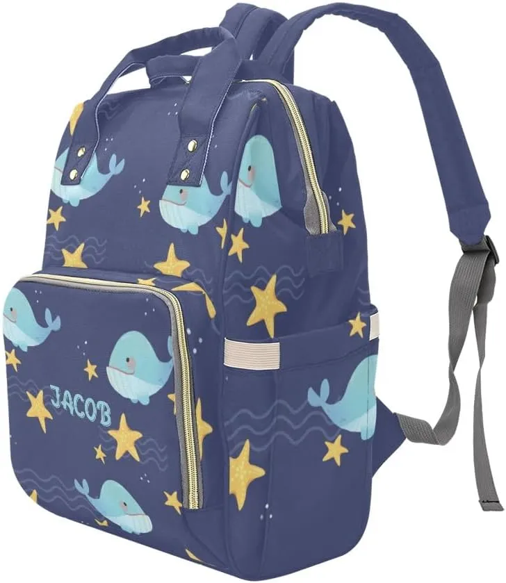 Blue Whale and Night Stars Personalized Diaper Bag Backpack,Custom Name Multi Function Diaper Backpack Baby Nappy Bag Mommy Bag Gift