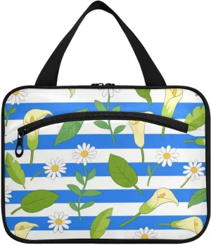 Blue White Striped Calla Lily Daisy Flower hanging item travel bag with hook, designer essentials toiletries bag for travel make up gym bolsas de maquillaje para mujer L