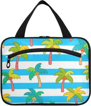 Blue White Striped Coconut Palm hanging hanging travel toiletry bag with hook, designer chic toiletry kit for travel essentials for women hotel bolso de mano para hombre L