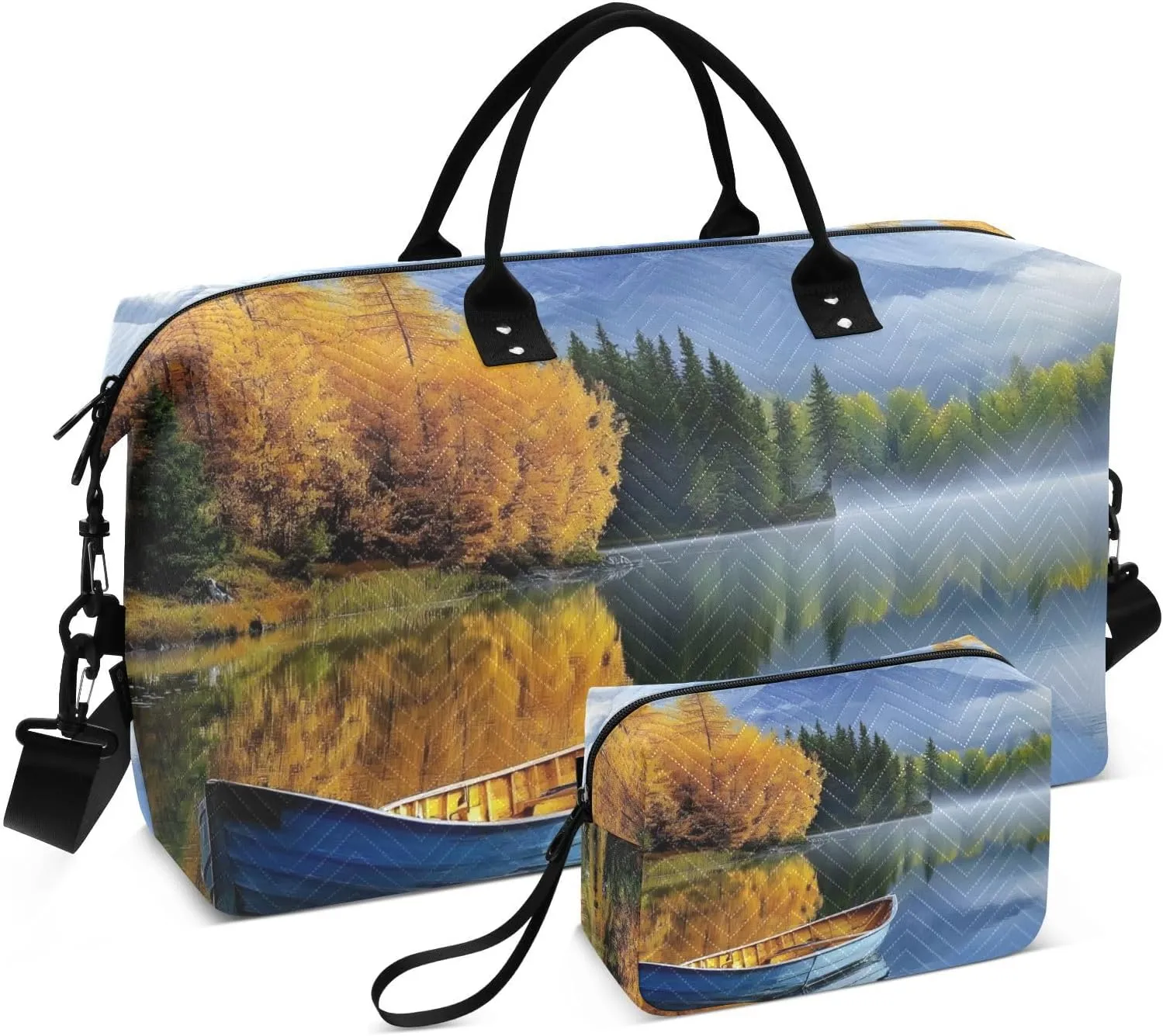 Boat Moutain Autumn Landscape Duffel Bag for Traveling, Gym Bags with Multiple Interior Pockets for Women Men Toiletry Purse Included 20.5”x 1.9” x 13.8”