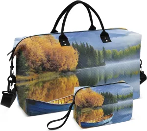 Boat Moutain Autumn Landscape Duffel Bag for Traveling, Gym Bags with Multiple Interior Pockets for Women Men Toiletry Purse Included 20.5”x 1.9” x 13.8”