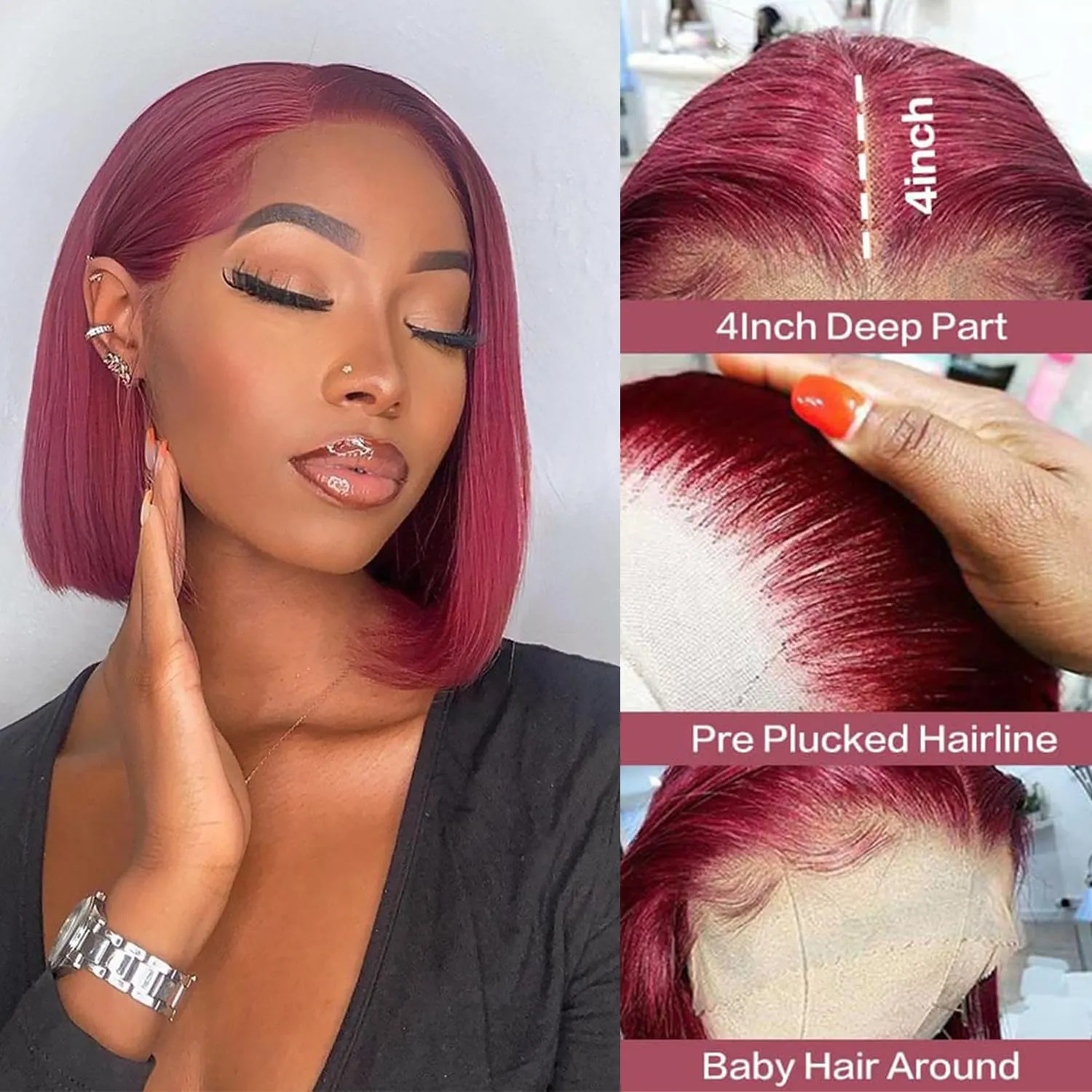 bob wigs 13x4 Human Hair Bob Wig 180% Density Burgundy Lace Front Wigs Human Hair Straight Short Bob Wig Pre Plucked with Baby Hair (99j, 10 Inch)