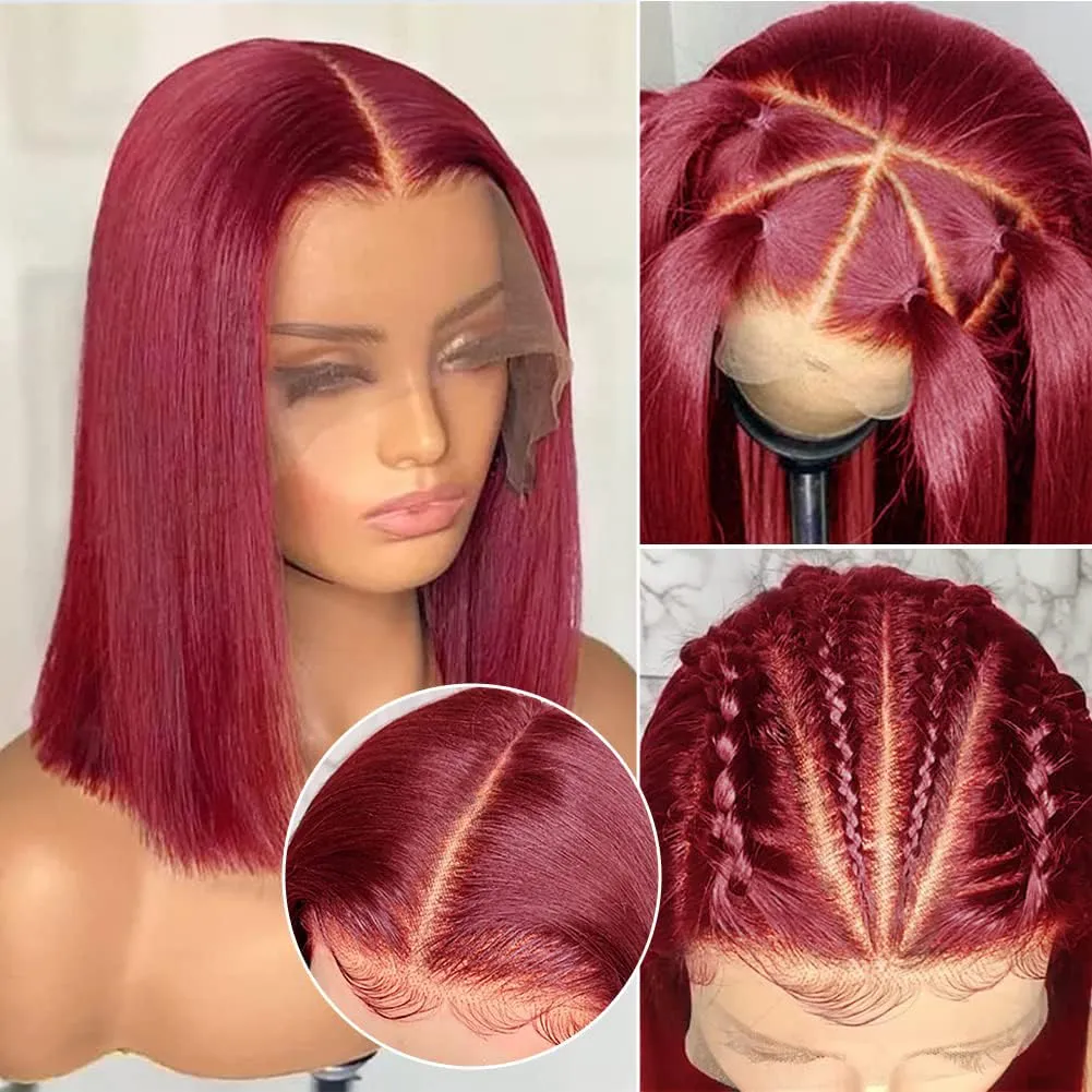 bob wigs 13x4 Human Hair Bob Wig 180% Density Burgundy Lace Front Wigs Human Hair Straight Short Bob Wig Pre Plucked with Baby Hair (99j, 10 Inch)