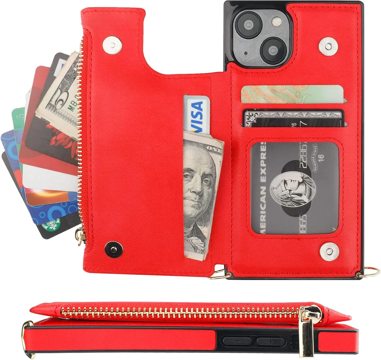 Bocasal Crossbody Wallet Case for iPhone 14 with RFID Blocking Card Slot Holder, Magnetic Flip Folio Purse Case, PU Leather Zipper Handbag with Detachable Lanyard Strap 6.1 Inch 5G (Red)