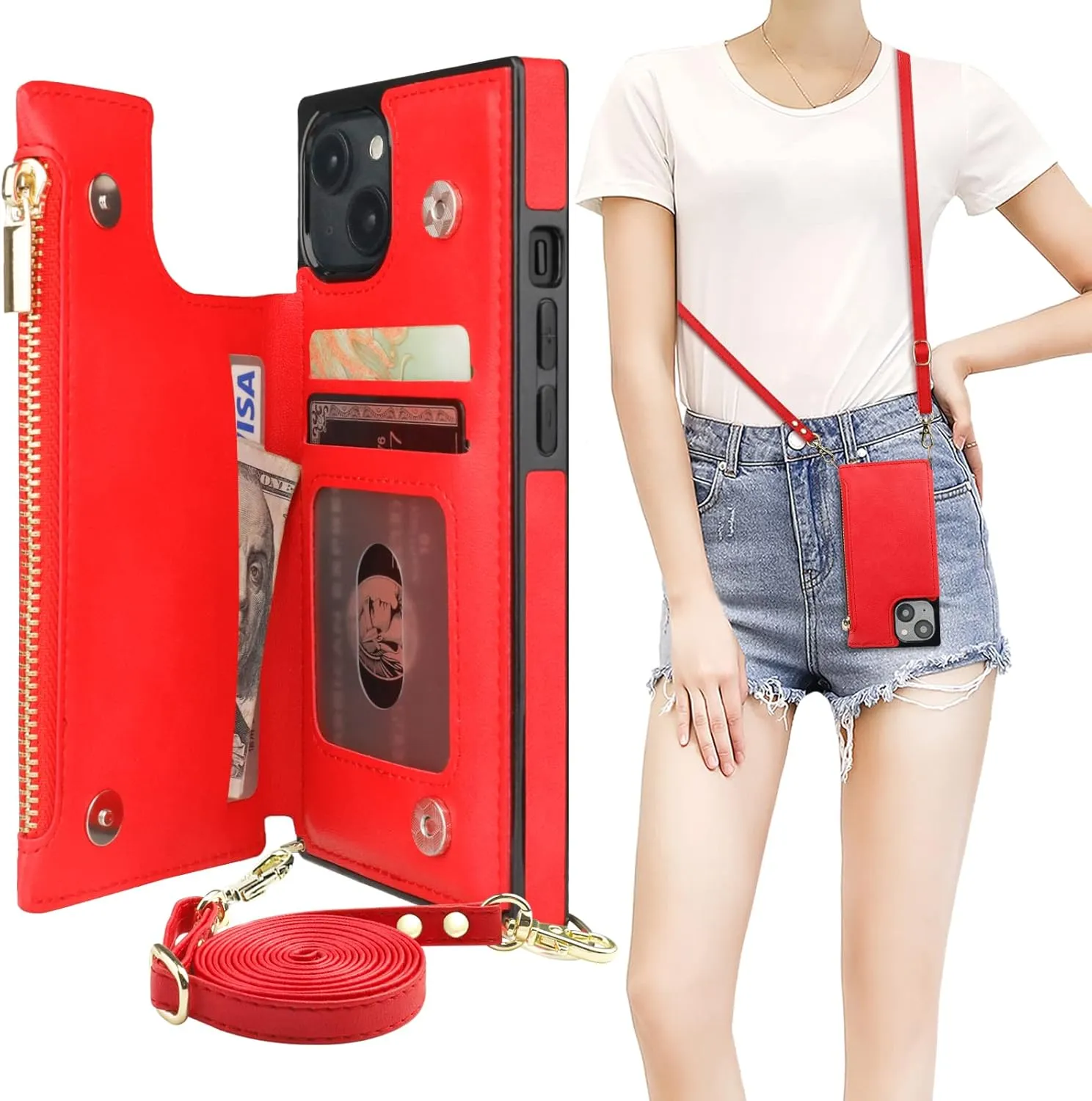 Bocasal Crossbody Wallet Case for iPhone 14 with RFID Blocking Card Slot Holder, Magnetic Flip Folio Purse Case, PU Leather Zipper Handbag with Detachable Lanyard Strap 6.1 Inch 5G (Red)