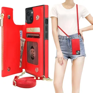 Bocasal Crossbody Wallet Case for iPhone 14 with RFID Blocking Card Slot Holder, Magnetic Flip Folio Purse Case, PU Leather Zipper Handbag with Detachable Lanyard Strap 6.1 Inch 5G (Red)