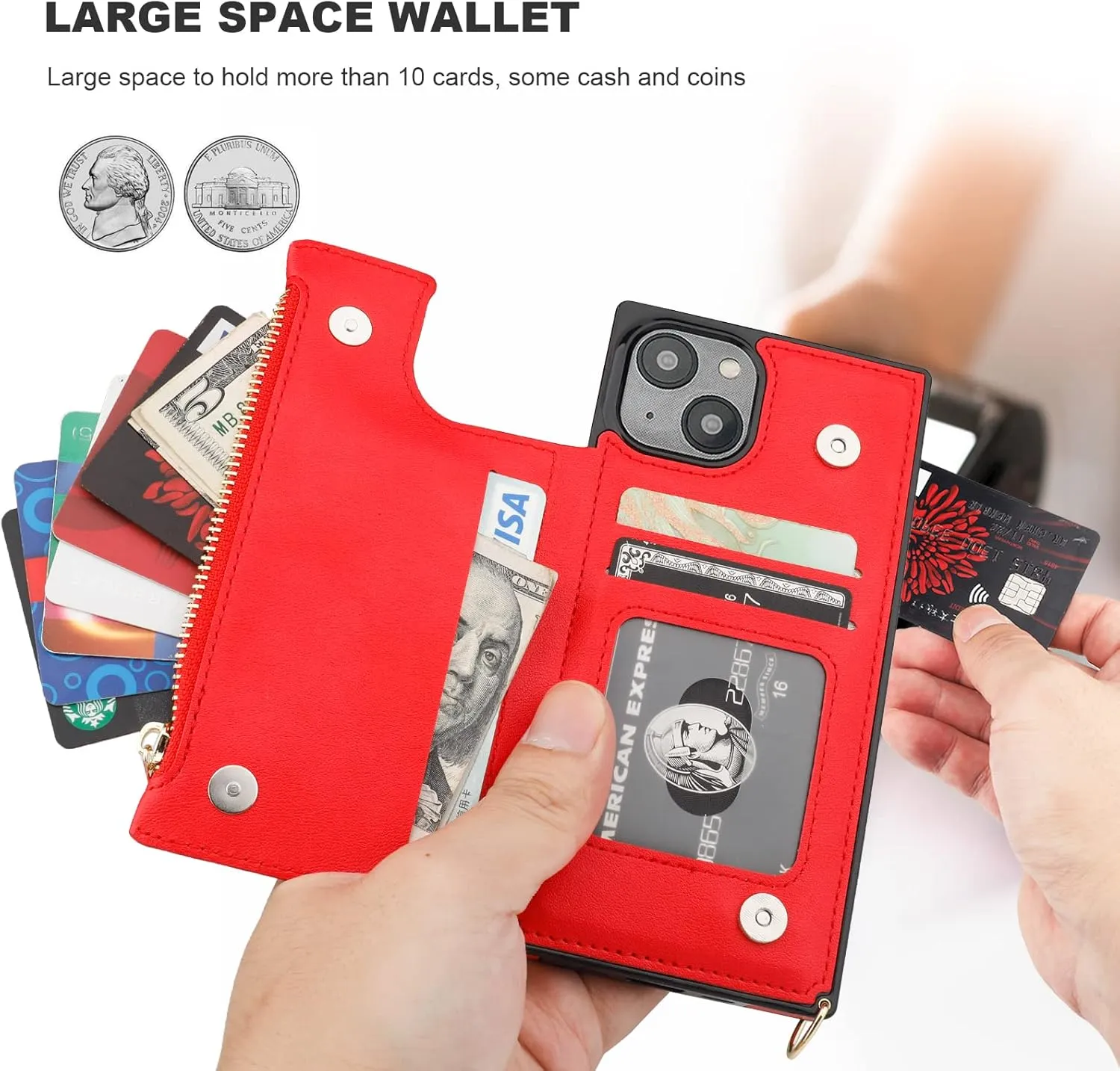 Bocasal Crossbody Wallet Case for iPhone 14 with RFID Blocking Card Slot Holder, Magnetic Flip Folio Purse Case, PU Leather Zipper Handbag with Detachable Lanyard Strap 6.1 Inch 5G (Red)