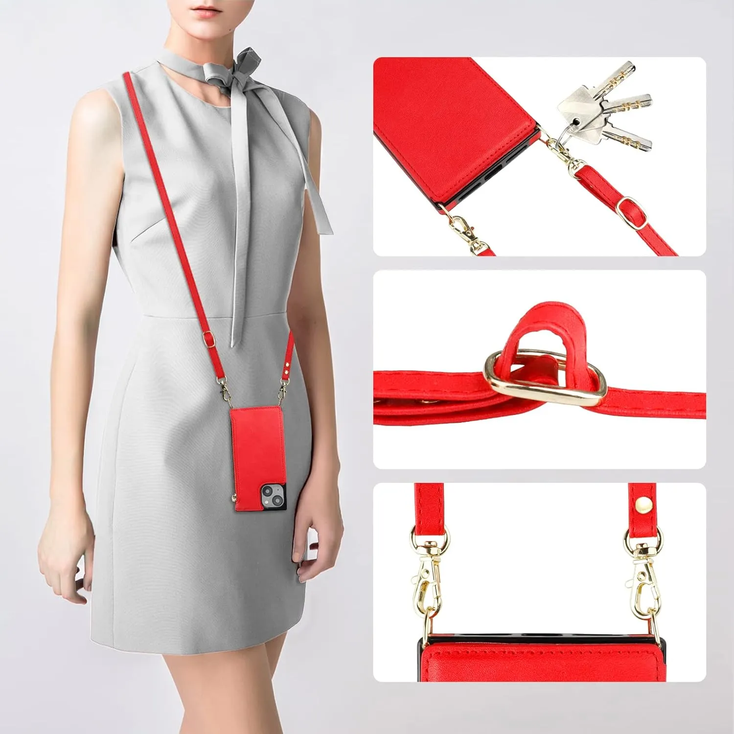 Bocasal Crossbody Wallet Case for iPhone 14 with RFID Blocking Card Slot Holder, Magnetic Flip Folio Purse Case, PU Leather Zipper Handbag with Detachable Lanyard Strap 6.1 Inch 5G (Red)