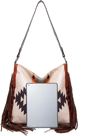 bohemian chic large canvas shoulder bag with colorful knitting and tassel details