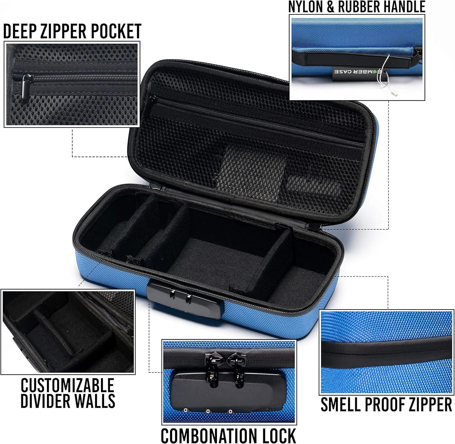 BOMBER CASE - Elite Series - Odor-Proof Lock Box with Customizable Interior - Durable, Flexible, and Secure - 9.5" x 4" x 3.5" - Blue