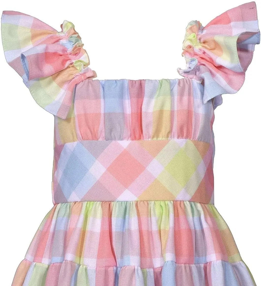 Bonnie Jean Girls Size 2T-16 Flutter Sleeve Check Peasant Dress