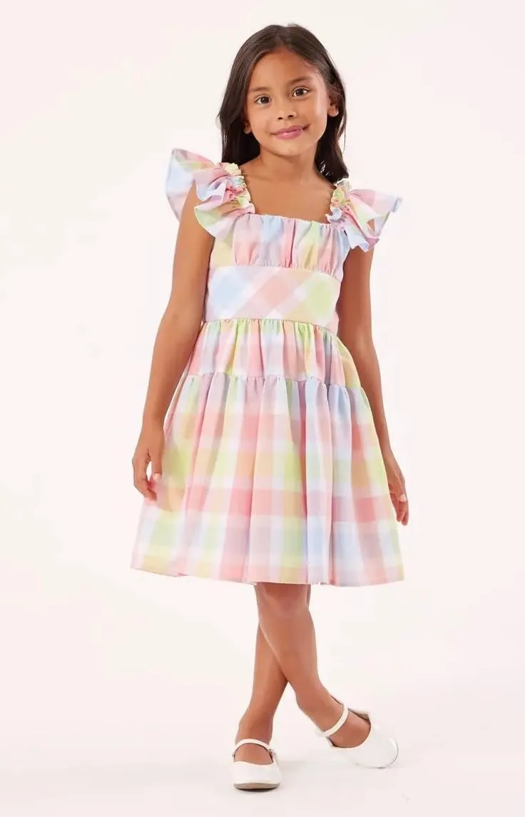Bonnie Jean Girls Size 2T-16 Flutter Sleeve Check Peasant Dress