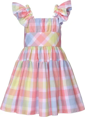 Bonnie Jean Girls Size 2T-16 Flutter Sleeve Check Peasant Dress