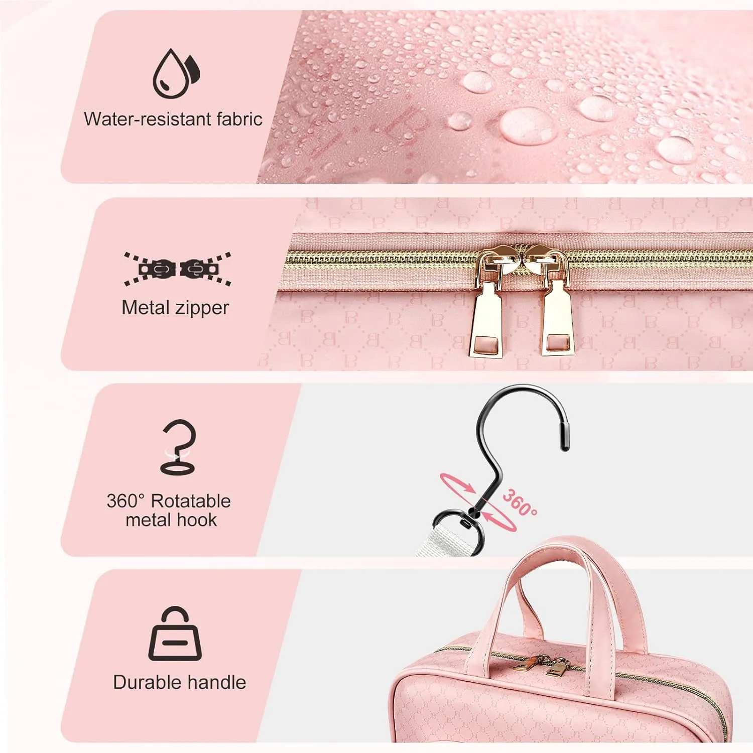 BOOMRICH Toiletry Bag for Women, Travel Hanging Toiletry Bag, Water-resistant Cosmetic Make up Organizer for Travel Accessories Kit, Bathroom Shower (Pink)