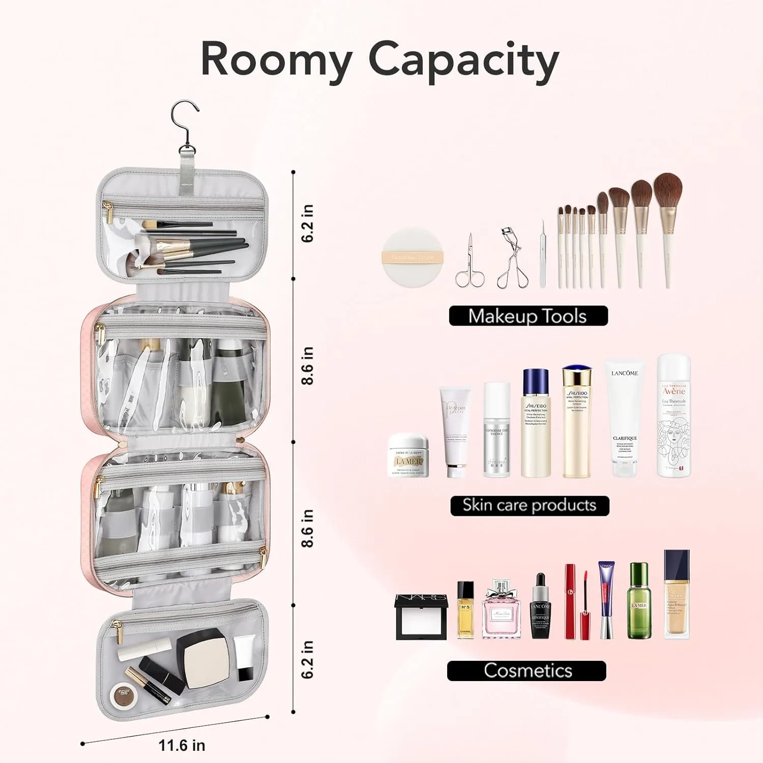 BOOMRICH Toiletry Bag for Women, Travel Hanging Toiletry Bag, Water-resistant Cosmetic Make up Organizer for Travel Accessories Kit, Bathroom Shower (Pink)