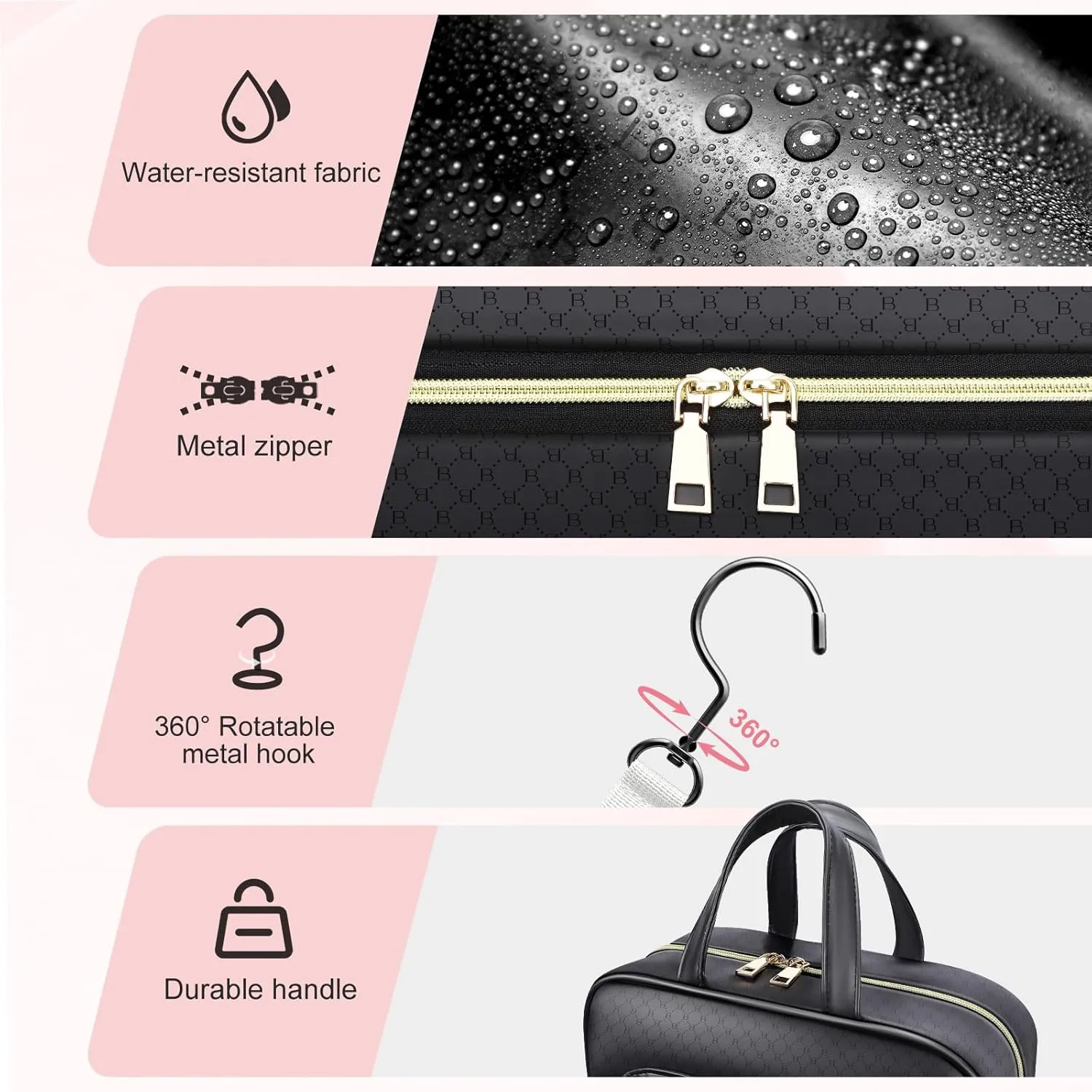 BOOMRICH Travel Toiletry Bag, Hanging Travel Makeup Bag for women with Hanging Hook, Water-resistant Cosmetic Bag Organizer for Full Sized Toiletries, Accessories, Shampoo (Black)