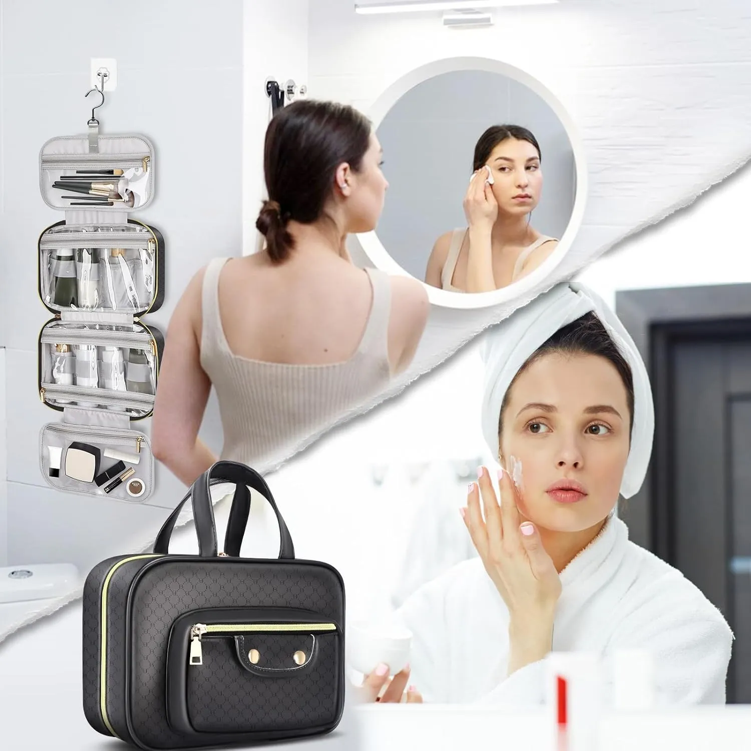 BOOMRICH Travel Toiletry Bag, Hanging Travel Makeup Bag for women with Hanging Hook, Water-resistant Cosmetic Bag Organizer for Full Sized Toiletries, Accessories, Shampoo (Black)