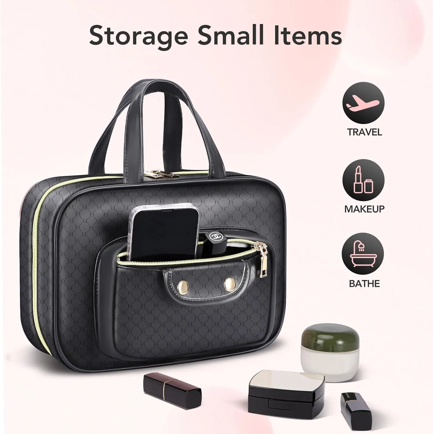 BOOMRICH Travel Toiletry Bag, Hanging Travel Makeup Bag for women with Hanging Hook, Water-resistant Cosmetic Bag Organizer for Full Sized Toiletries, Accessories, Shampoo (Black)