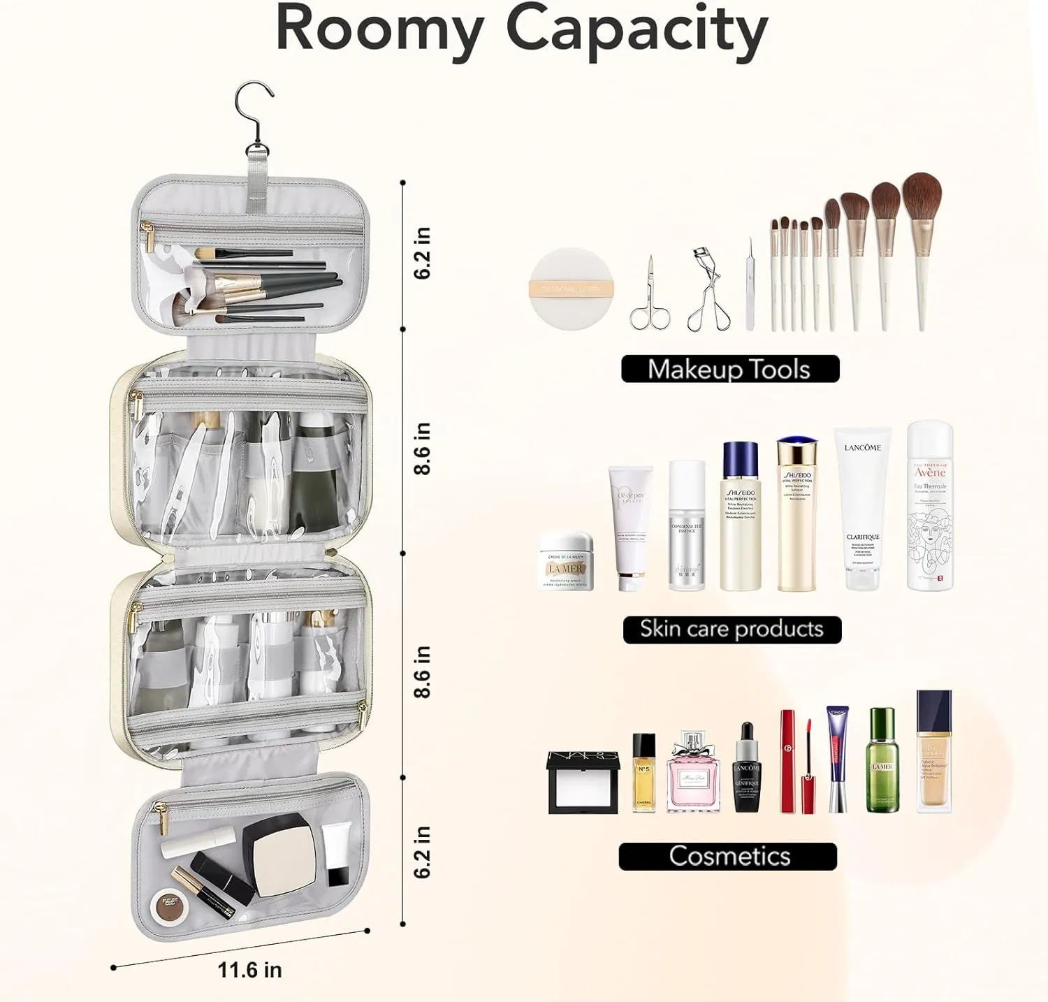 BOOMRICH Travel Toiletry Bag, Hanging Travel Makeup Bag for women with Hanging Hook, Water-resistant Cosmetic Bag Organizer for Full Sized Toiletries, Accessories, Shampoo (Creamy White)