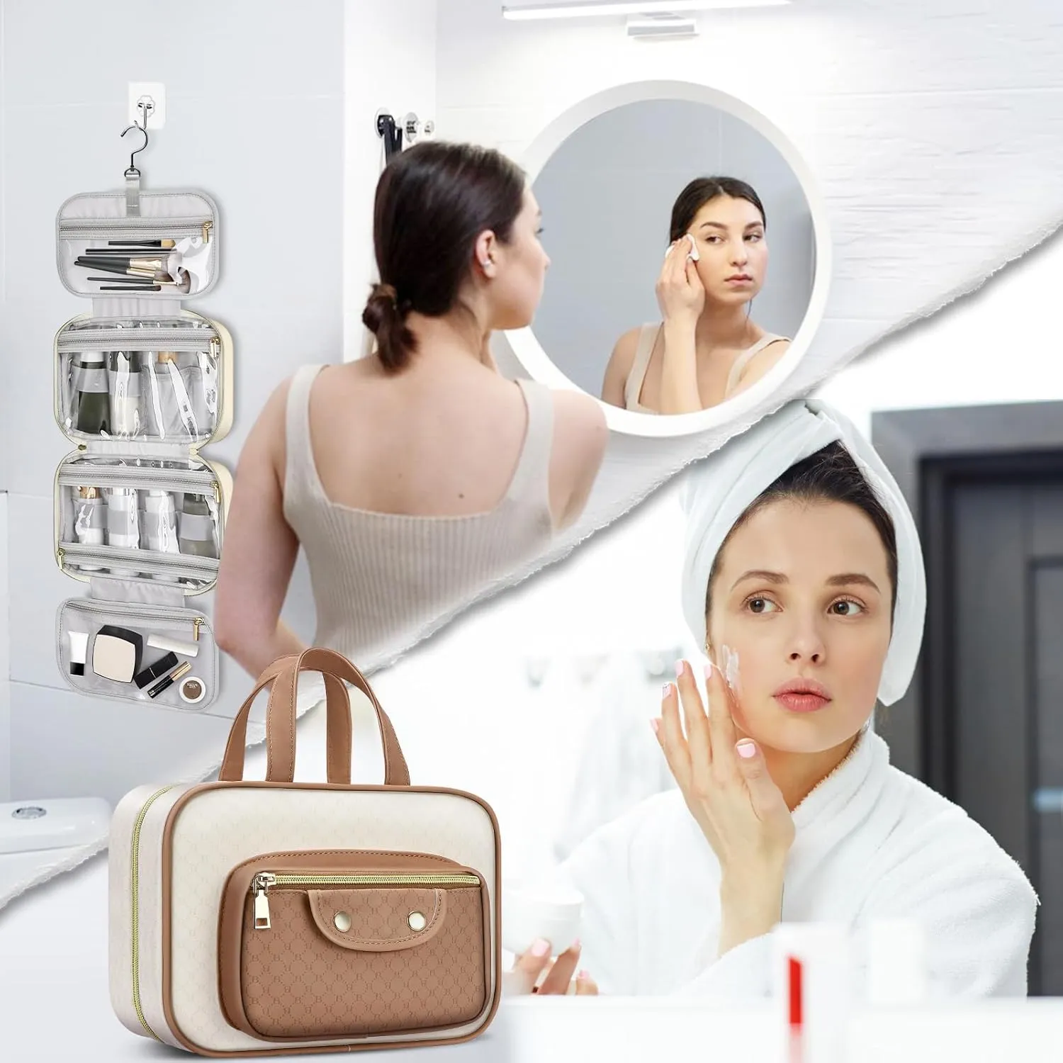 BOOMRICH Travel Toiletry Bag, Hanging Travel Makeup Bag for women with Hanging Hook, Water-resistant Cosmetic Bag Organizer for Full Sized Toiletries, Accessories, Shampoo (Creamy White)