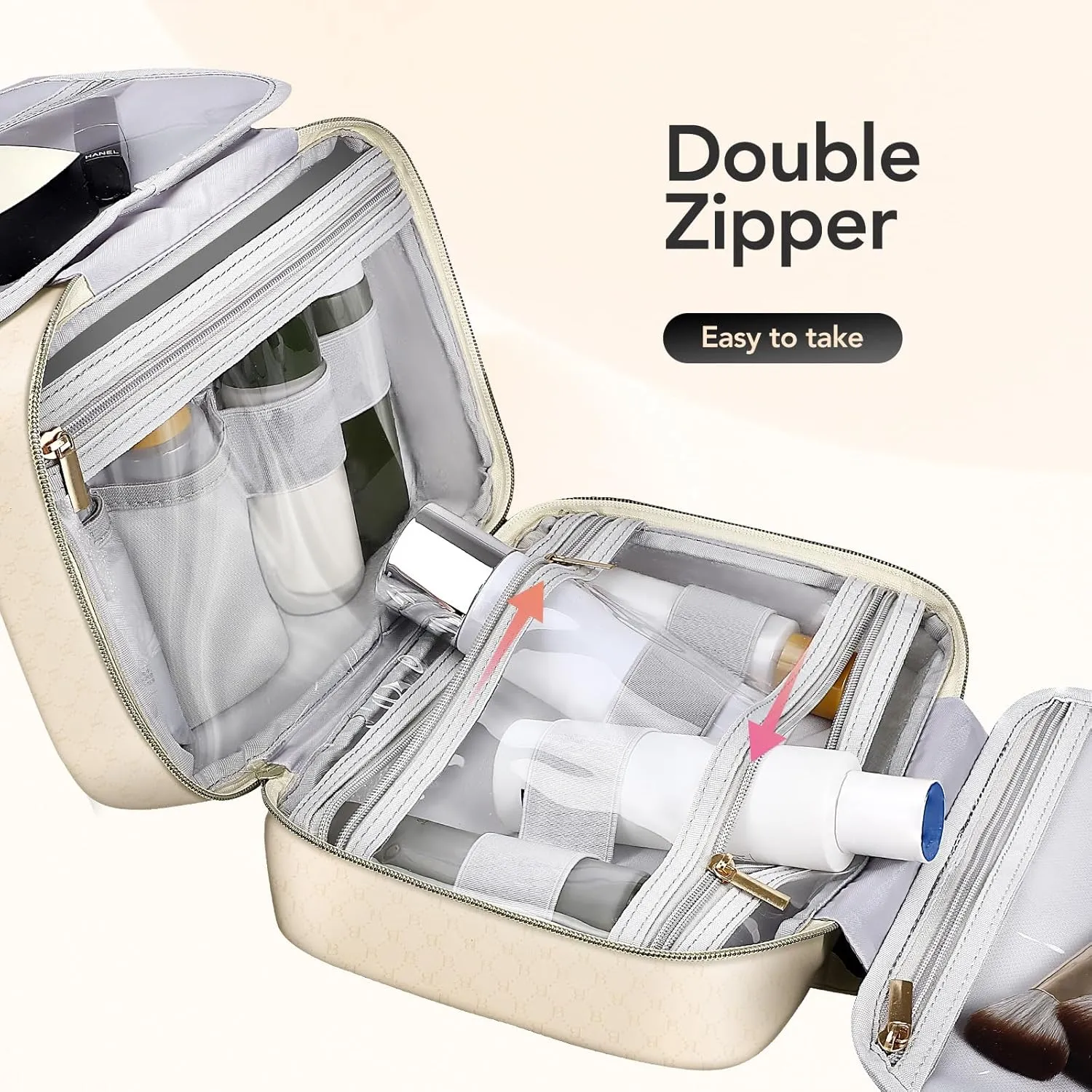 BOOMRICH Travel Toiletry Bag, Hanging Travel Makeup Bag for women with Hanging Hook, Water-resistant Cosmetic Bag Organizer for Full Sized Toiletries, Accessories, Shampoo (Creamy White)