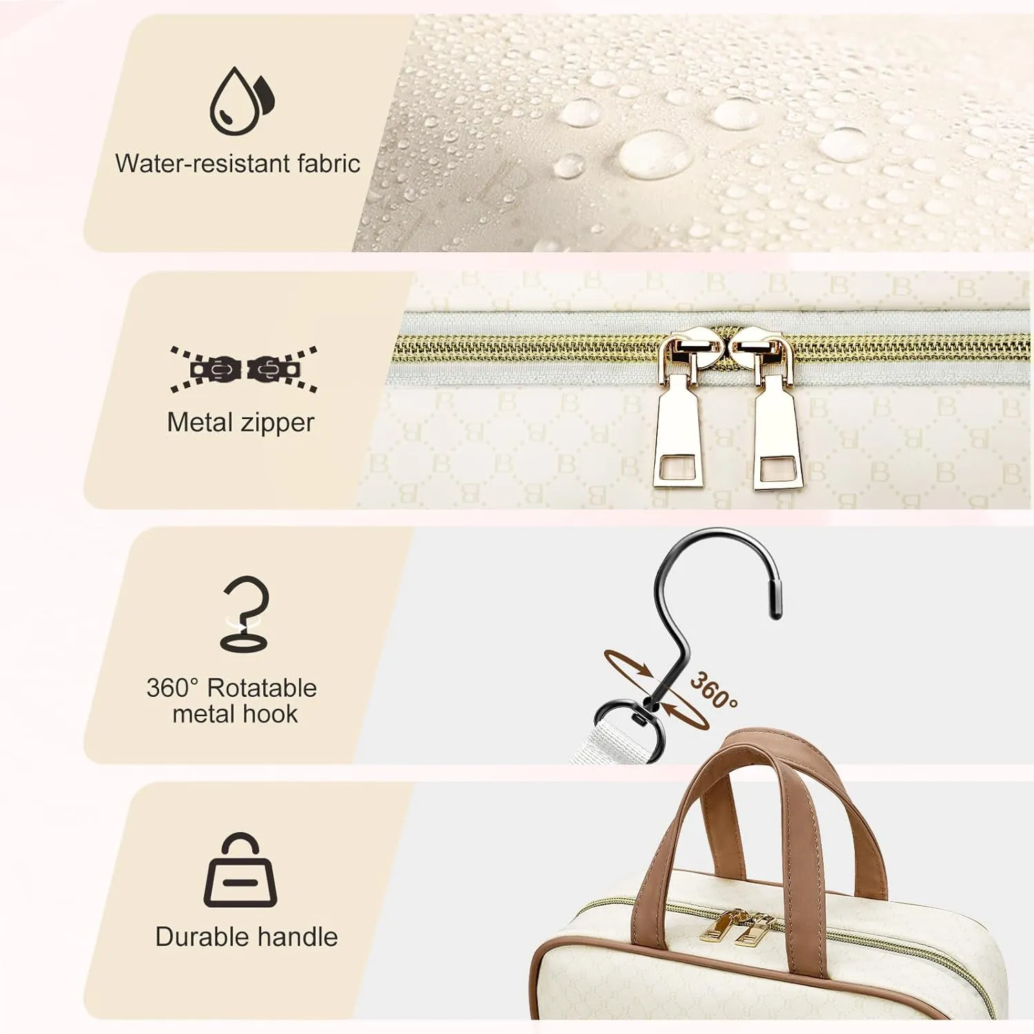 BOOMRICH Travel Toiletry Bag, Hanging Travel Makeup Bag for women with Hanging Hook, Water-resistant Cosmetic Bag Organizer for Full Sized Toiletries, Accessories, Shampoo (Creamy White)
